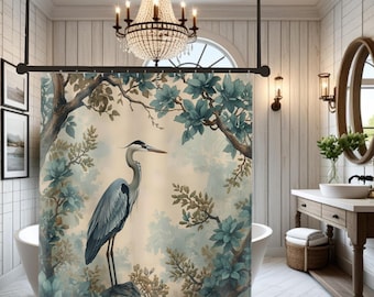 Heron in Teal Botanical Shower Curtain | Coastal Nature Bathroom