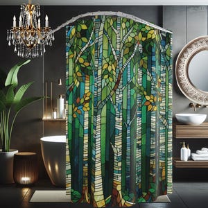 Stained Glass Inspired Watercolor Birch Trees Forest Fabric Shower Curtain Nature Inspired Bathroom Decor Tranquil Green Unique Bath Fabric