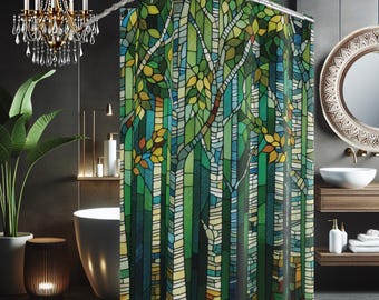 Cortina de ducha con diseño de abedul en acuarela: decoración de baño con estilo vitral y bosque.