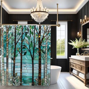 Stained Glass Birch Tree Shower Curtain: Teal Green Forest Bathroom Decor