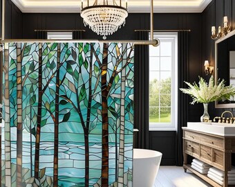 Cortina de ducha con vitrales de abedul: decoración de baño con bosque verde azulado