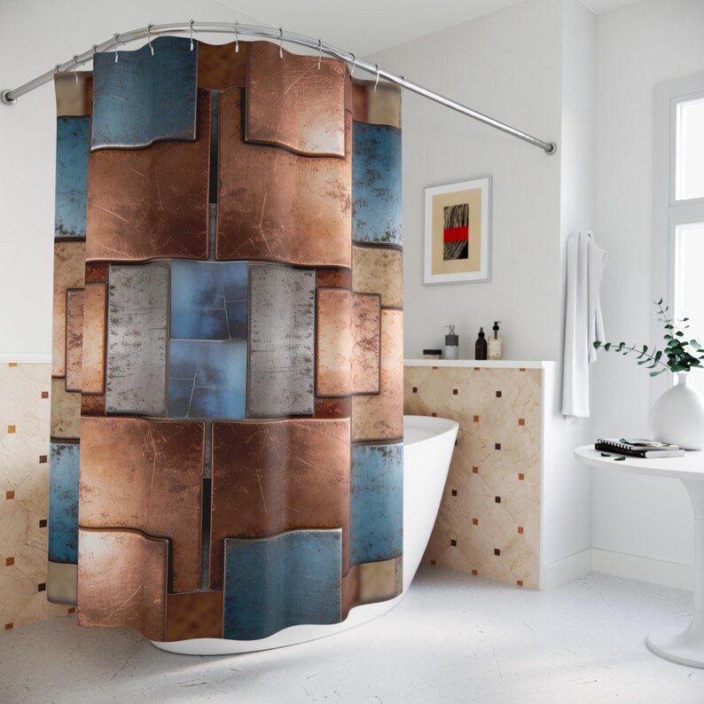 Rustic Metal Tile Pattern Rustic Metal Tiles Shower Curtain | Industrial Geometric Bathroom Decor ...