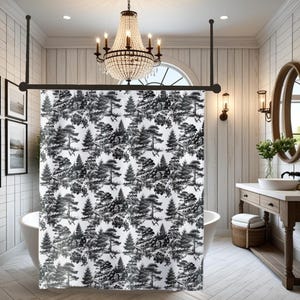 Countryside Woodland and Birds Toile Fabric Shower Curtain Vintage Forest Decor Bathroom Vintage Woodland Theme Gift Nature Toile Bathroom