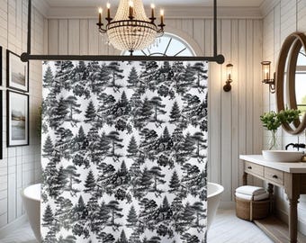 Cortina de ducha Woodland Toile: Bosque vintage, pájaros y cabaña