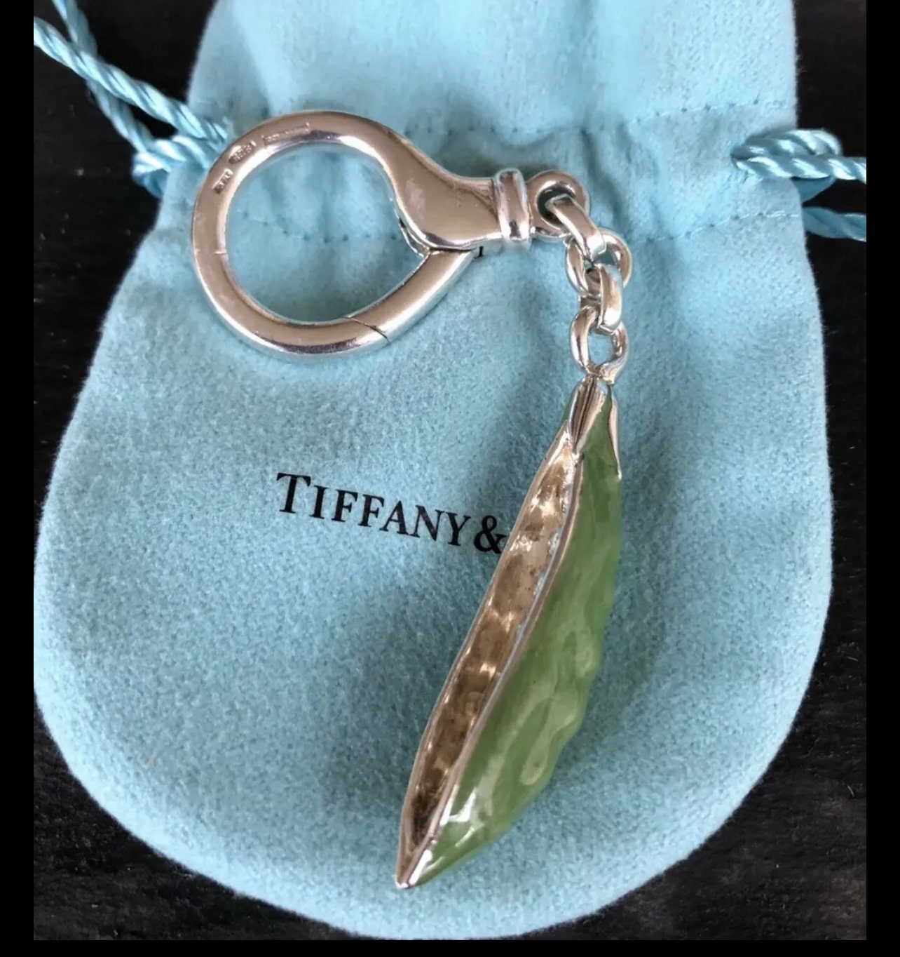 Tiffany & Co 925 Green Enamel Sweet Pea Keyring RARE and VINTAGE