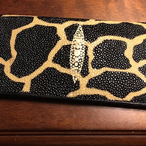 Cartera de dos pliegues de piel de mantarraya exótica vintage para hombres o mujeres
