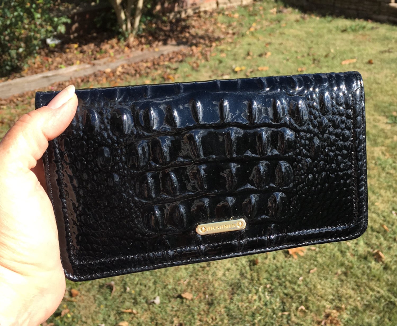 BRAHMIN Ombre Melbourne Collection Toasted Almond Leather  Crocodile-Embossed Wallet