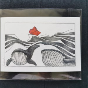 Carte Postale reproduction - Petit bateau et baleines