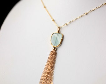 Aqua Chalcedony Necklace, Gold Leaf Chalcedony Slice Chain Tassel Necklace on Satellite Chain, Gold Filled Gemstone Jewelry