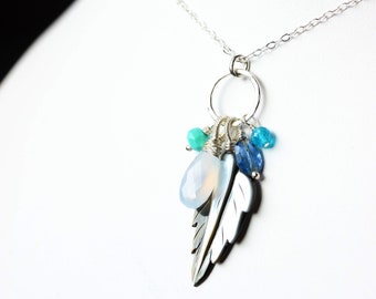 Shell Leaf Charm Gemstone Briolette Necklace, Chalcedony, Turquoise, Kyanite, Apatite Long Cluster Necklace, Gift Idea for Her