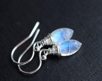 Moonstone Earrings, Sterling Silver Marquise Earrings, Small Clear Rainbow Moonstone, Blue Flash Moonstone, June Birthstone Jewelry