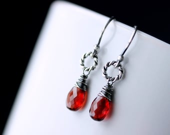 Garnet Earrings Oxidized Sterling Silver, Wreath Earrings, Twisted Ring Gemstone Dangle, January Birthstone, Crimson Red Jewelry, Leverback