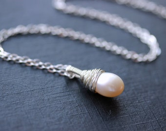 Freshwater Pearl Teardrop Necklace, Sterling Silver Wire Wrapped, White Pearl Solitaire Pendant, June Birthstone Necklace Gift For Mom