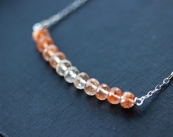 Ombre Necklace, Sunstone Bar Layering Necklace, Sterling Silver Sunstone Rondelle Necklace, Shaded Orange Shimmer, Custom length