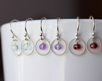 Dainty Birthstone Earrings, Petite Rondelle Earrings, Gift for my Valentine, Tanzanite, Ruby, Amethyst, Citrine, Garnet, Aquamarine