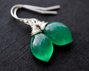Green Onyx Earrings, Wire Wrapped Briolette, Christmas Green, May Birthstone Gift, Marquise Pointed Drop Dangle, Emerald Green Earrings
