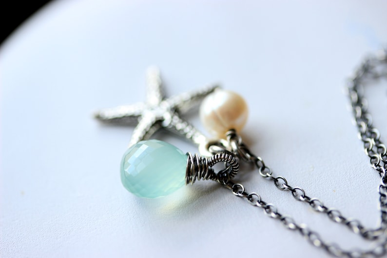 Oxidized Silver Aqua Chalcedony Necklace with Starfish Charm Necklace Beach Jewelry