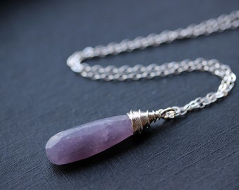 Lepidolite Necklace, Sterling Silver Wire Wrapped Purple Pendant, Long Dusty Purple Gemstone, Choose your Length Chain