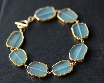 Aqua Chalcedony Gold Filled Bracelet, Gemstone Slice Bracelet with Toggle Clasp, Aqua and Gold Gemstone Jewelry, Gift Idea for Her