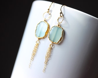 Aqua Chalcedony Gold Filled Earrings, Gemstone Slice Earrings with Hoops and Chain Dangle, Aqua and Gold Gemstone Jewelry, Gift Idea for Her