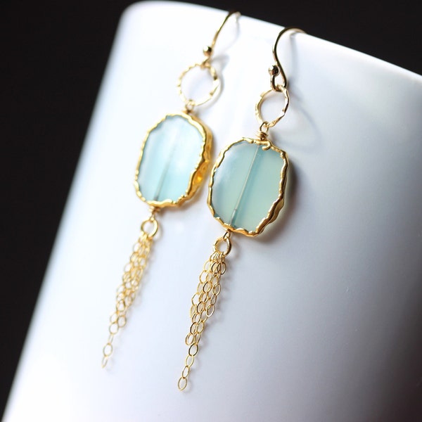 Aqua Chalcedony Gold Filled Earrings, Gemstone Slice Earrings with Hoops and Chain Dangle, Aqua and Gold Gemstone Jewelry, Gift Idea for Her