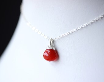 Carnelian Necklace Sterling Silver, Rust Orange Necklace Pendant Charm, Heart Briolette Layering Necklace, Custom Length