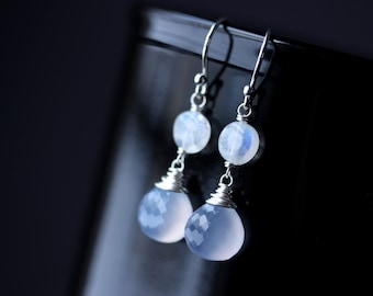 Chalcedony and Moonstone Earrings, Sterling Silver Gemstone Dangle Earrings, Lavender Periwinkle Blue Gemstone Drop Earrings, Leverbacks