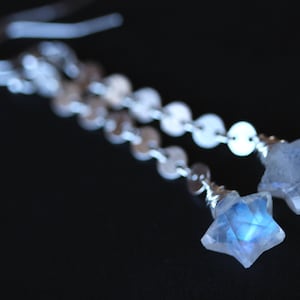 May include: A pair of silver dangle earrings with moonstone star charms. The stars are faceted and have a blue iridescent sheen.
