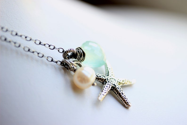 Oxidized Silver Aqua Chalcedony Necklace with Starfish Charm Necklace Beach Jewelry