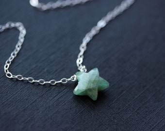 Emerald Necklace, Star Necklace, Sterling Silver Celestial Jewelry, May Birthstone, Small Star Pendant Gemstone Necklace, Astrology Necklace