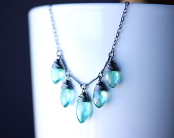 Apatite Necklace, Aqua Apatite Necklace Oxidized Silver, Marquise Multi Gem Necklace, Teal Gemstone Jewelry, Gift Idea for Her