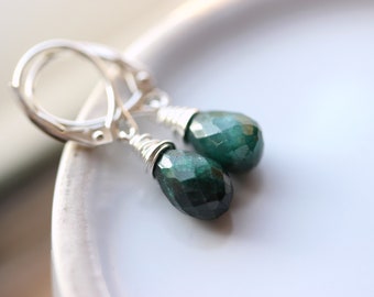 Emerald Earrings, Sterling Silver Genuine Emerald Green Earrings, May Birthstone, Dark Green Jewelry, Leverback Earwire