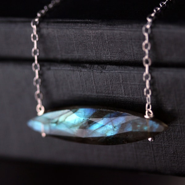 Labradorite Necklace, Horizontal Unique Gemstone Necklace, Marquise Shape Pendant, Blue Flash Labradorite Jewelry, Gift for Her