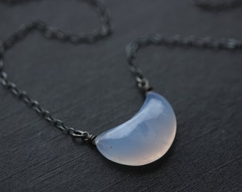 Chalcedony Gemstone Necklace, Moon Phase Pendant, Crescent Moon Jewelry, Antique Finish, Glowing Pastel Lavender Blue Stone