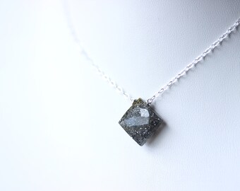 Black Sunstone Necklace, Sterling Silver Fixed Pendant Layering Necklace, Shimmering Black Diamond Shape Pendant