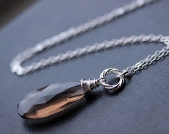 Smoky Quartz Necklace Sterling Silver, Long Brown Quartz Stone Pendant, Long Chain Gemstone Solitaire Necklace, Choose your Length Chain