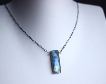 Blue Labradorite Necklace, Sterling Silver Fixed Rectangle Pendant, Labradorite Jewelry Gift  for Her, Layering Necklace