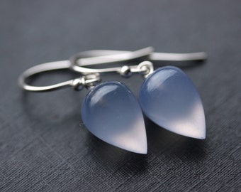 Chalcedony Earrings, Sterling Silver, Acorn Inverted Drops of Lavender Blue Gemstone, Leverback or Earwire, Valentine Gift Idea for Her