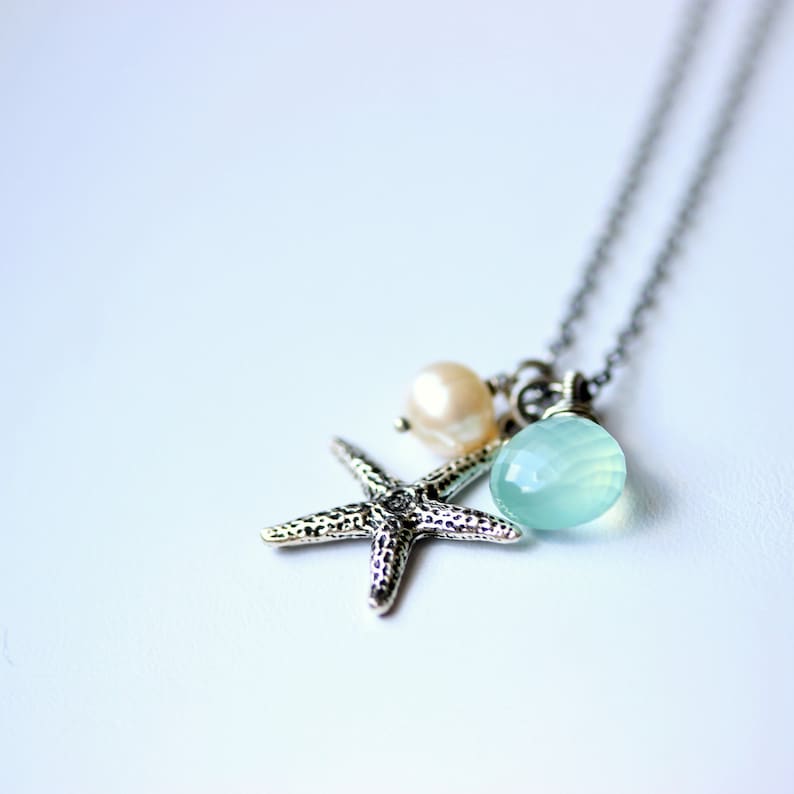 Oxidized Silver Aqua Chalcedony Necklace with Starfish Charm Necklace Beach Jewelry