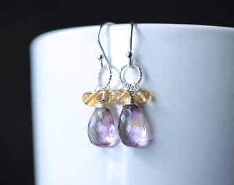 Ametrine and Citrine Earrings Sterling Silver, Rondelle Dangle Earring with Hoop, Purple and Golden Yellow Earrings, Valentines Gift Idea