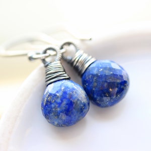 Lapis Lazuli Earrings, Oxidized Sterling Wire Wrapped, Gold Pyrite Blue Drop Gemstone, December or September Birthstone, Gift Idea for Her