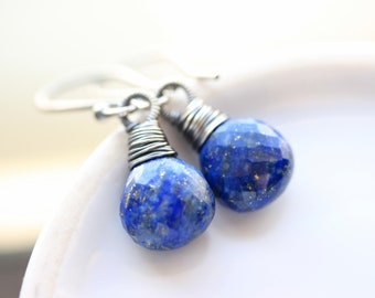 Lapis Lazuli Earrings, Oxidized Sterling Wire Wrapped, Gold Pyrite Blue Drop Gemstone, December or September Birthstone, Gift Idea for Her