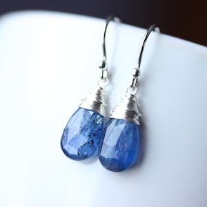 Blue Kyanite Earrings: Sterling Silver Wire Wrapped Pear Briolettes