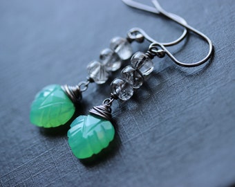 Chrysoprase Leaf Earrings, Sterling Silver, Black Tourmalinated Quartz, Leverback or Earwires, Green and Black Jewelry