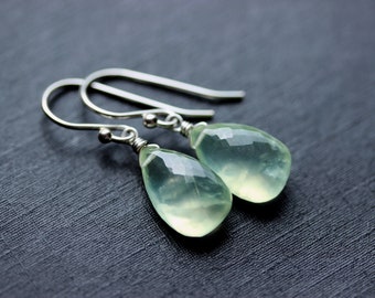 Prehnite Earrings, Sterling Silver Earrings, Pale Green Jewelry, Glowing Green Gemstone Earring Drops, Ethereal Jewelry Gift Idea