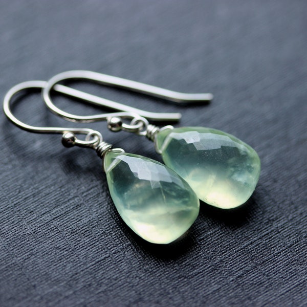 Prehnite Earrings, Sterling Silver Earrings, Pale Green Jewelry, Glowing Green Gemstone Earring Drops, Ethereal Jewelry Gift Idea
