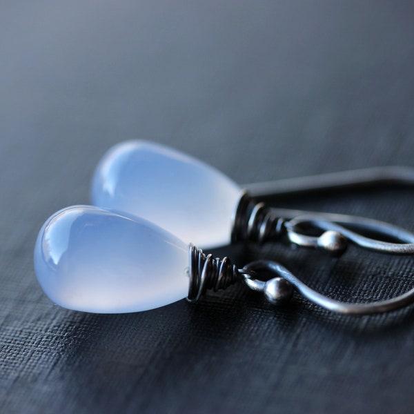 Chalcedony Earrings Oxidized, Sterling Silver or Gold Filled, Lavender Blue Gemstone Smooth Drops, Leverback or Earwire