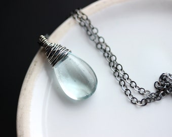 Aquamarine Necklace, Oxidized Sterling Silver, Smooth Blue Aquamarine Necklace, March Birthstone, Water Blue Stone, Birthday Necklace