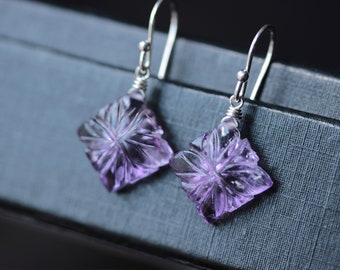 Amethyst Earrings, Carved Flower Amethyst Sterling Silver Earrings, Light-Medium Purple, February Birthstone Jewelry, Gift Idea for Her