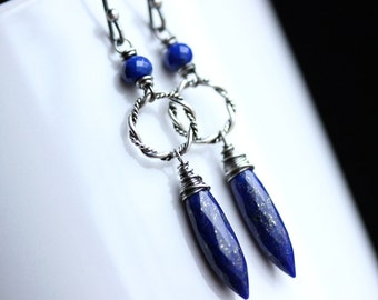 Blue Stone Dangle Earrings, Lapis Earrings Oxidized Sterling Silver, Hoop Dangle Earrings, Pointed Stone Dangle Earrings, Gift Idea for Her